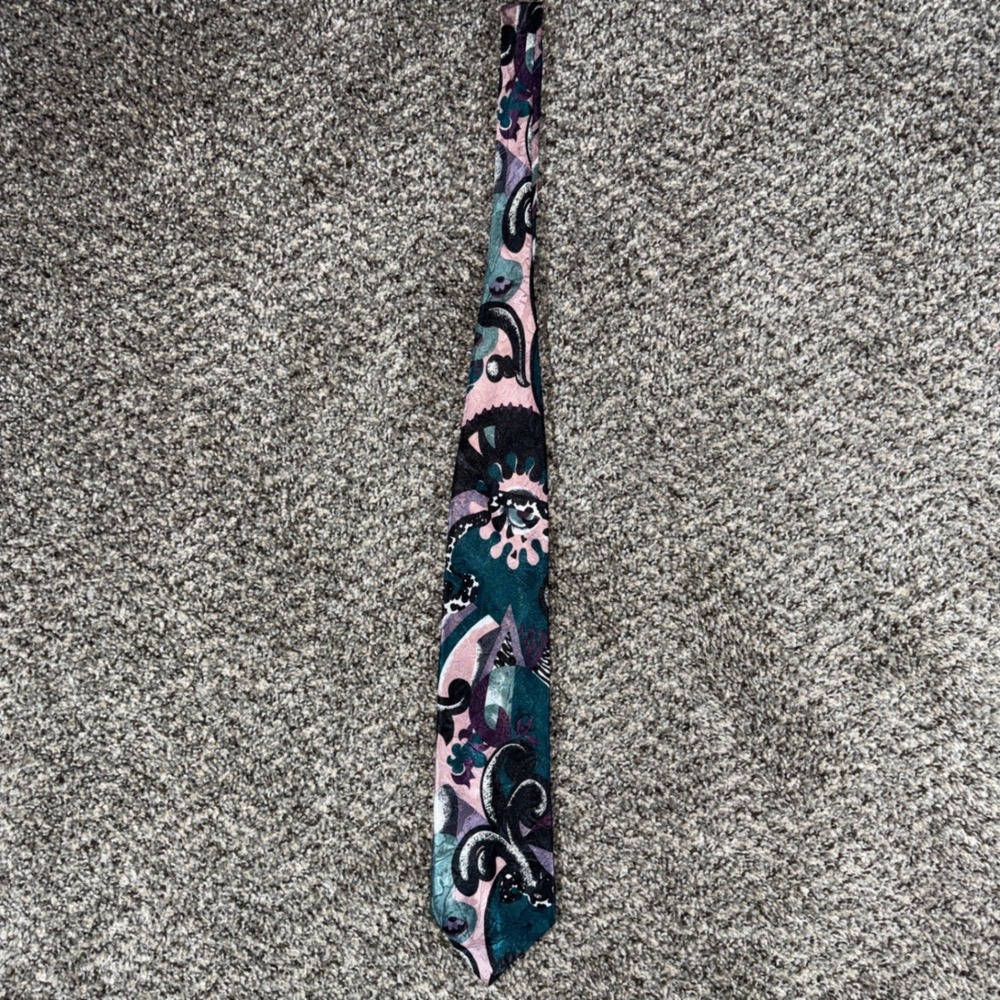 Vintage Pierre Balmain Paris Silk Blend Tie Abstract Paisley Teal Pink Purple